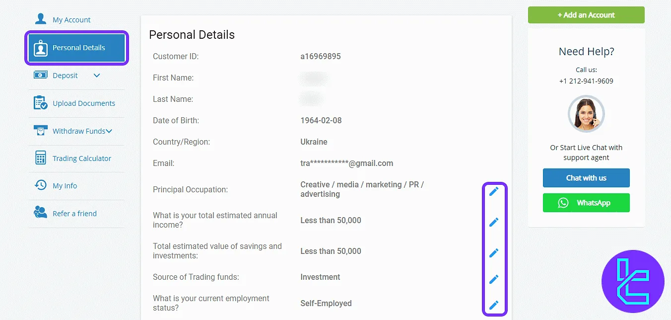 AvaTrade user identity and editable profile information in the panel