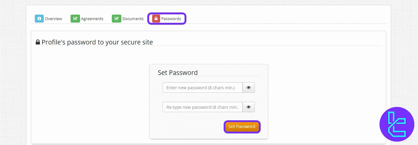 Password update fields in the FxGrow cabin