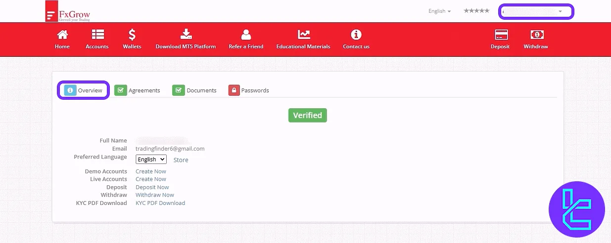 FxGrow client profile summary with verification and links on the panel