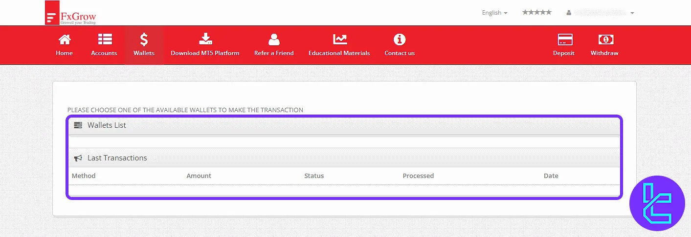 FxGrow wallet list and activity panel