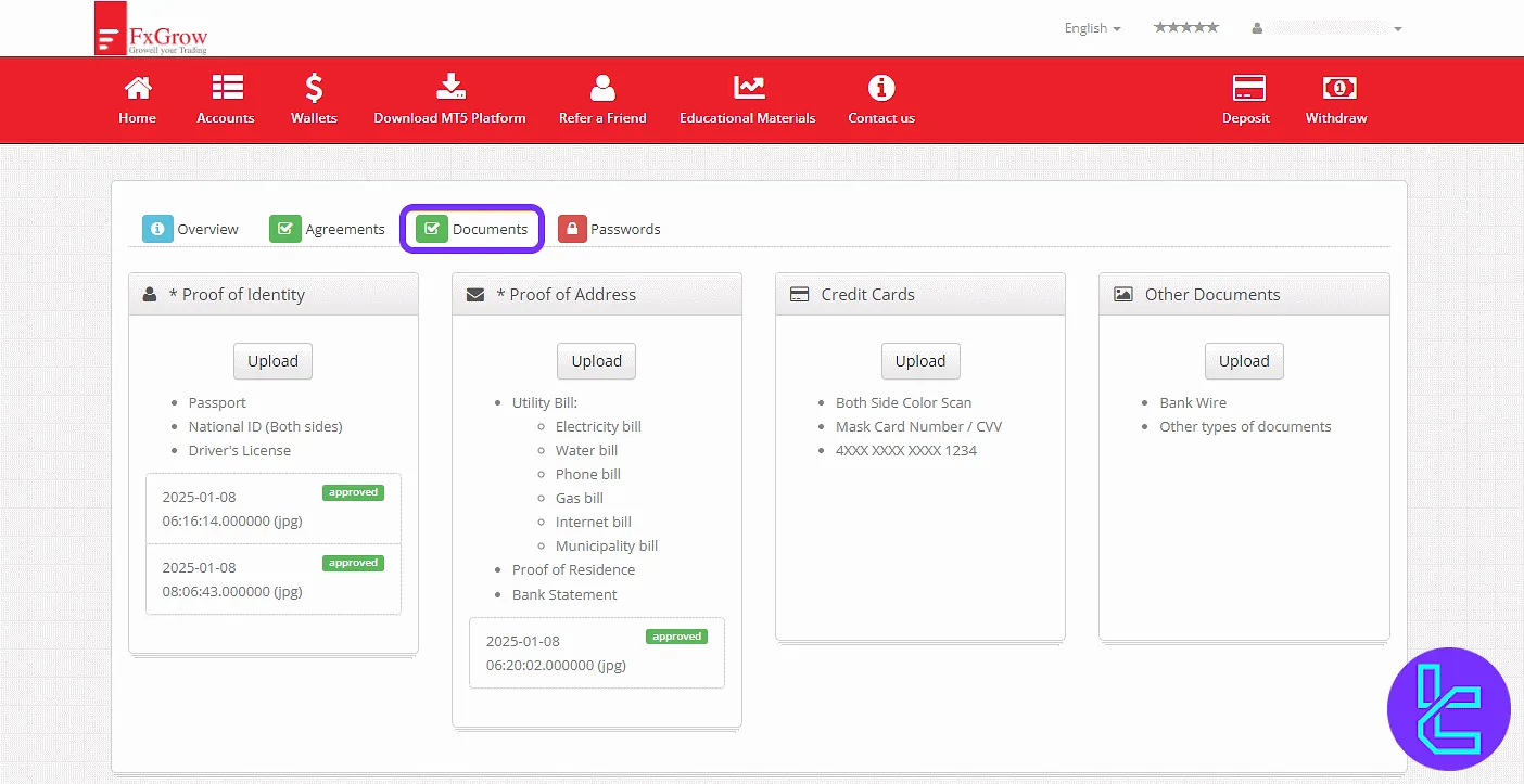 Upload center for identity verification in the FxGrow panel