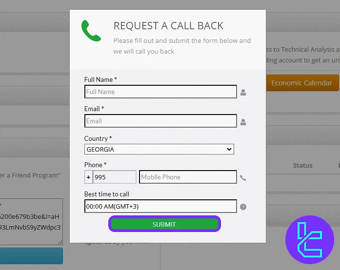 FxGrow call request form and submission via the panel
