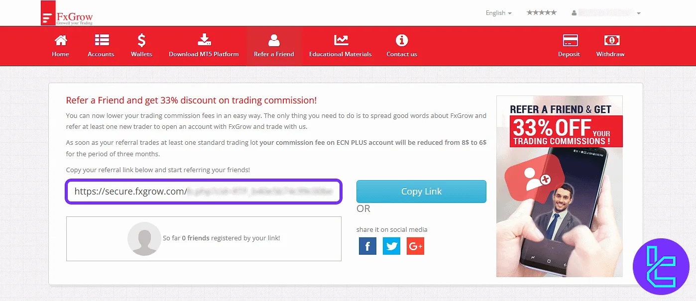 FxGrow referral program discount panel