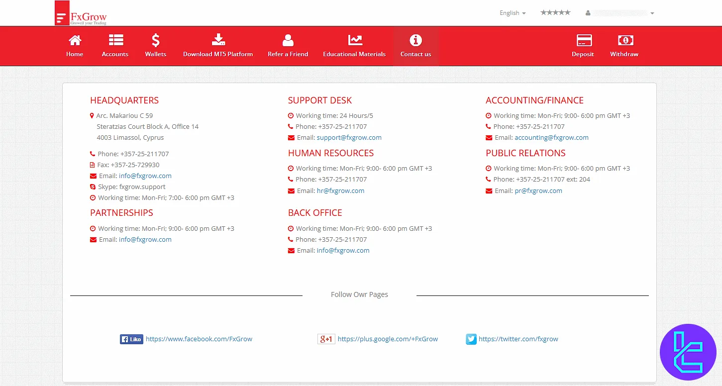FxGrow contact information and support directory on the trading panel