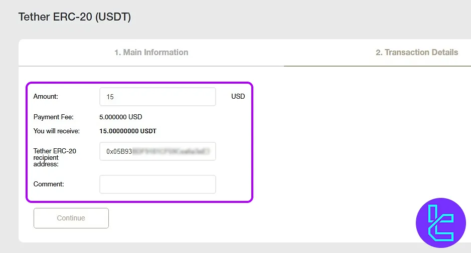 Fill in wallet and amount details for NordFX USDT ERC20 payout