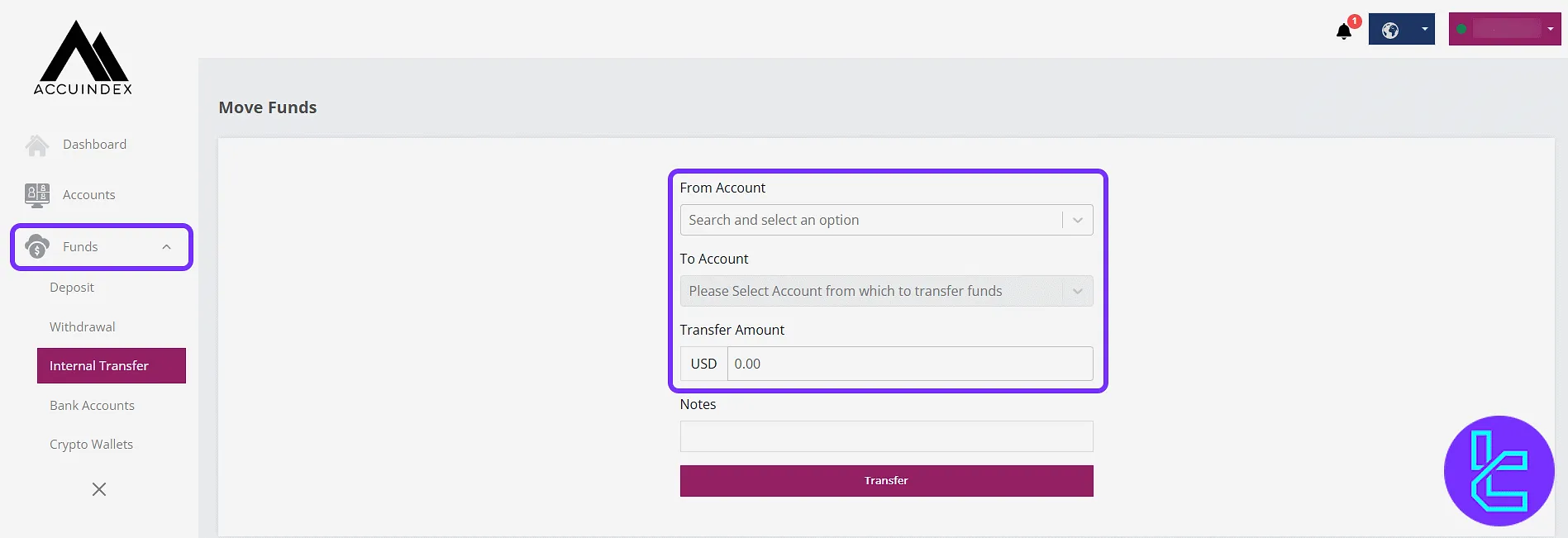 Accuindex trading panel Internal Transfer fields and action button