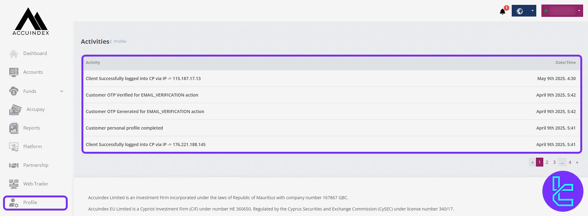Accuindex panel activity and login history view