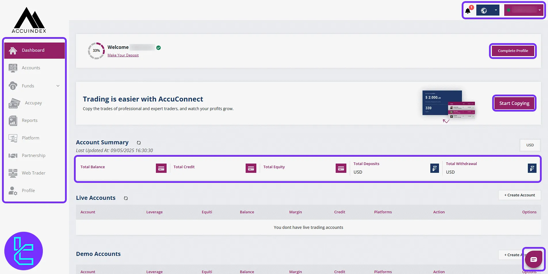 Accuindex cabin quick access to trading accounts, settings, and support