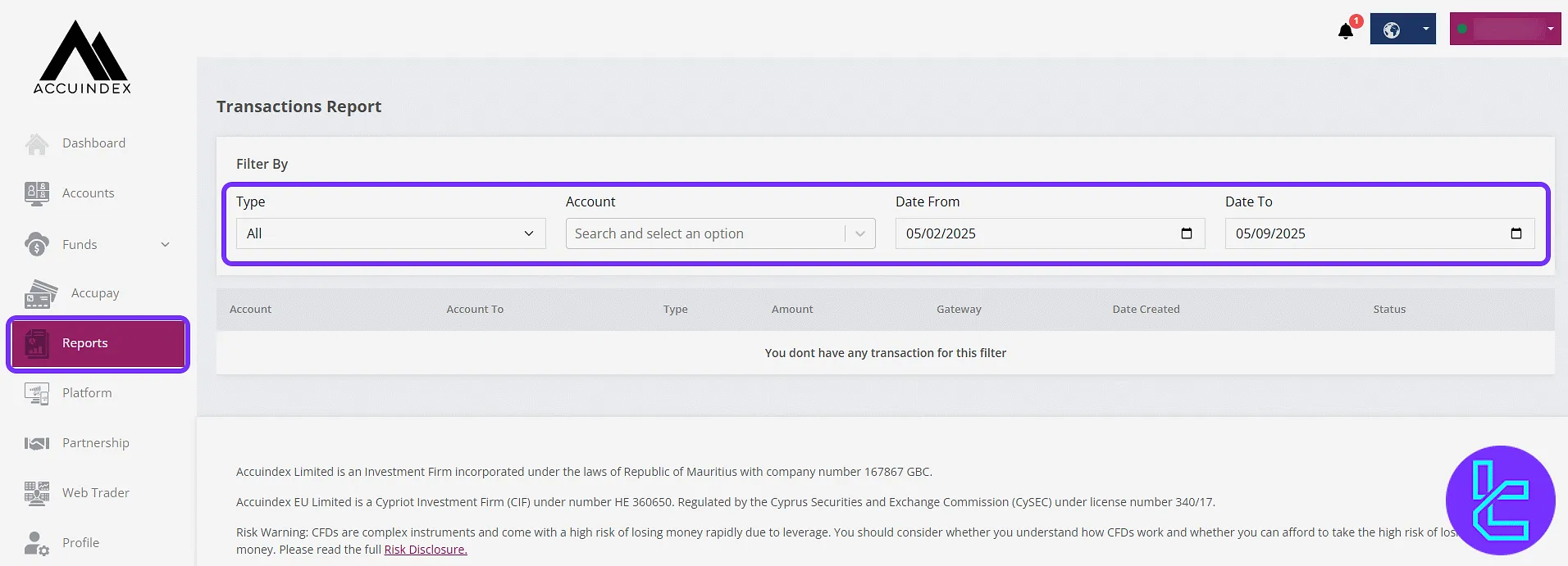 Accuindex user cabin report filters and transaction view