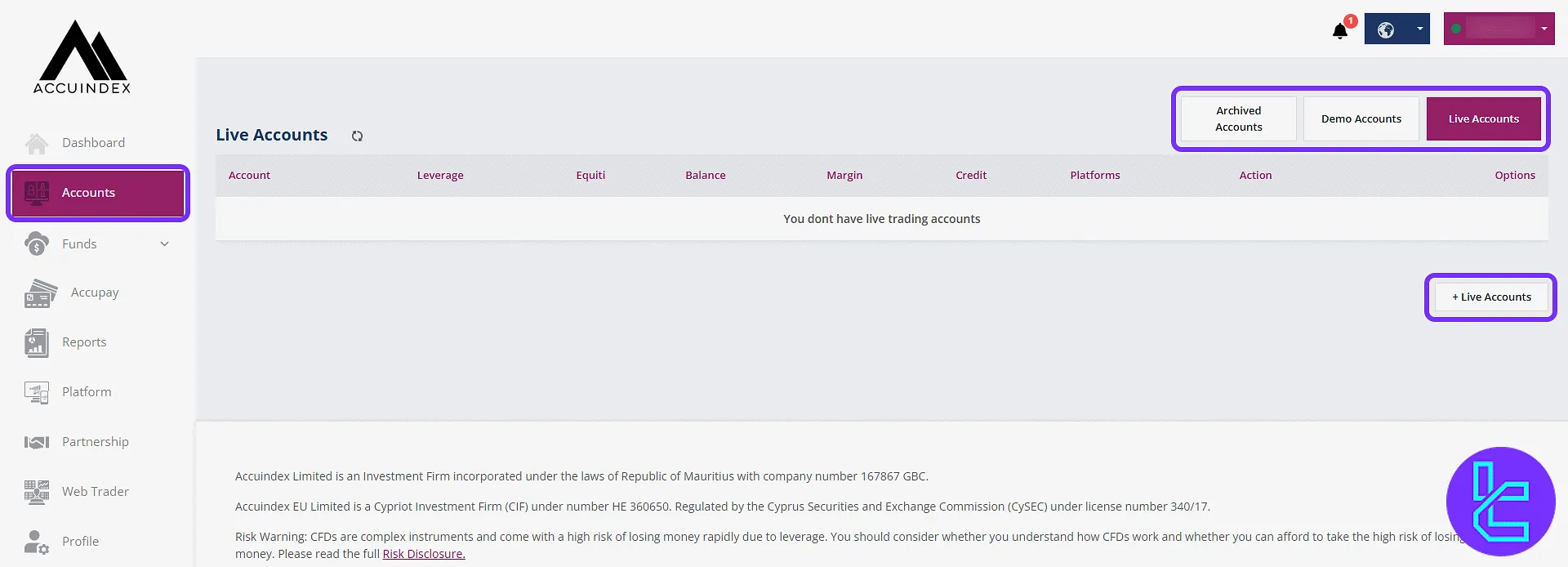Accuindex panel account management interface