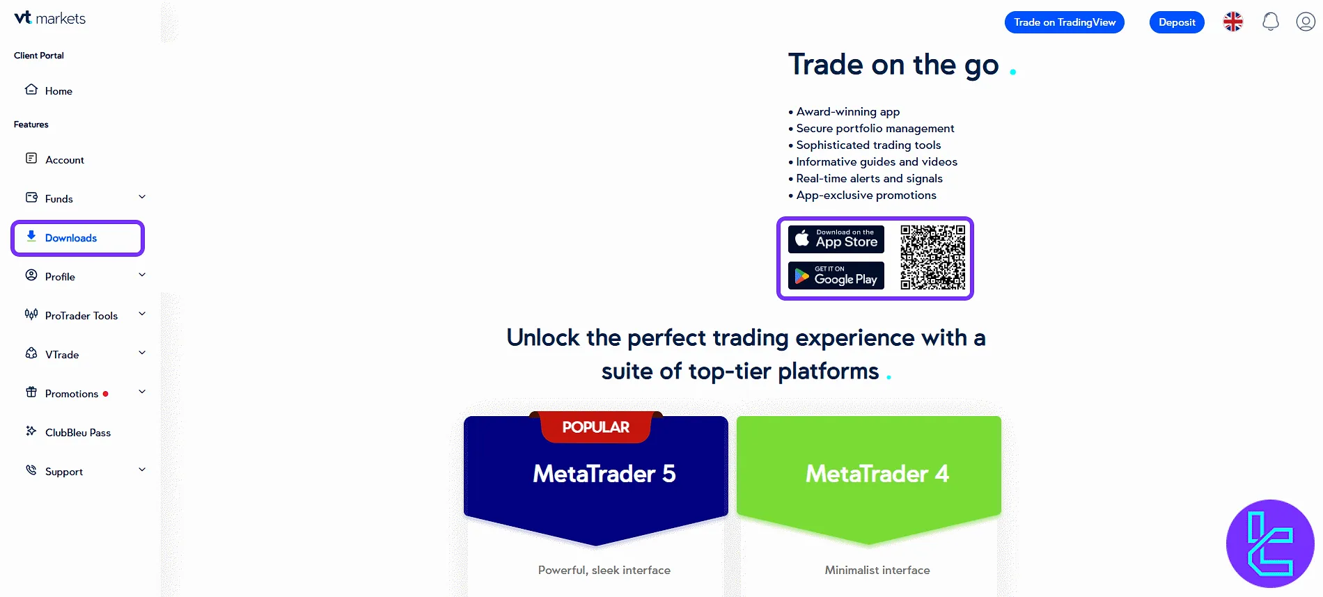 VT Markets platform download links and mobile QR codes in the user panel
