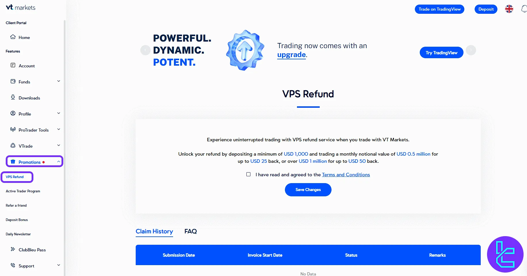 VT Markets VPS refund eligibility settings and form in the user panel