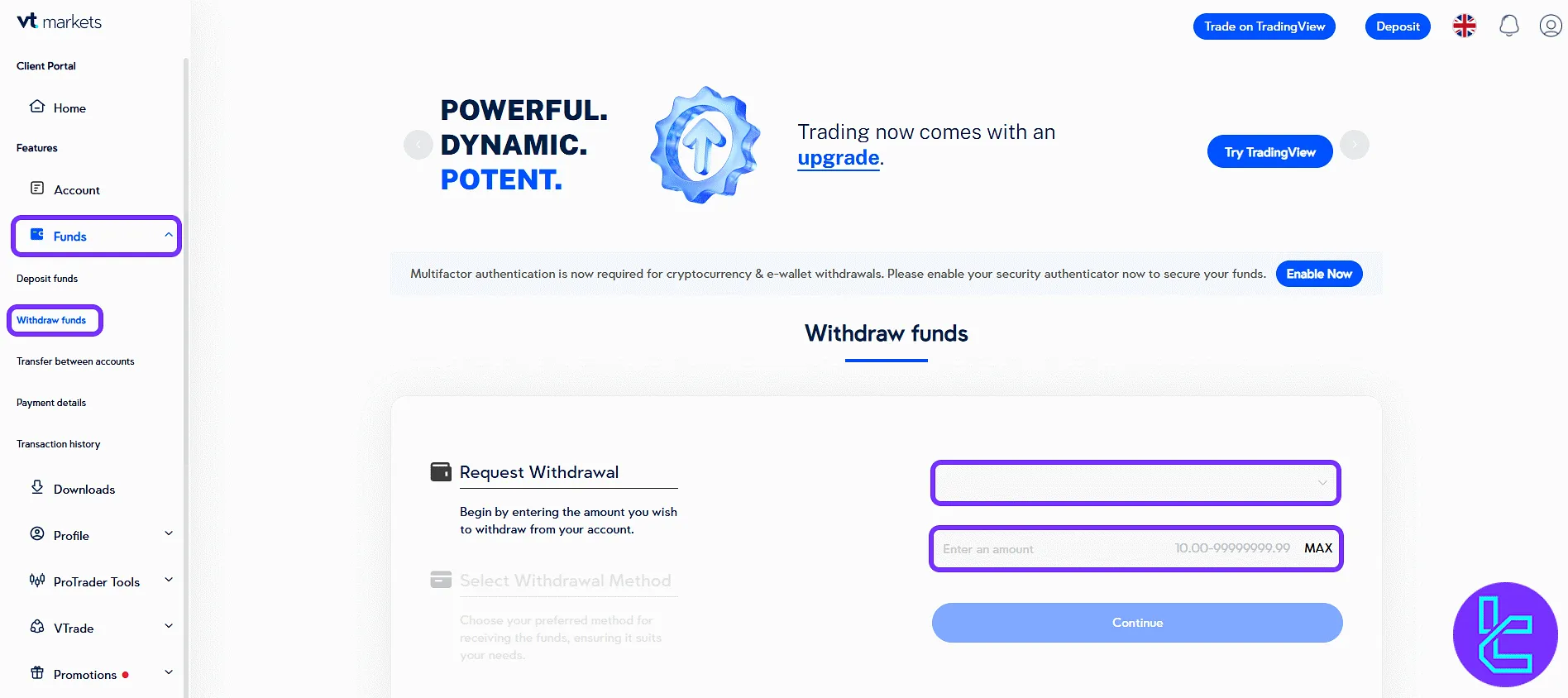 VT Markets withdrawal section with fund entry panel