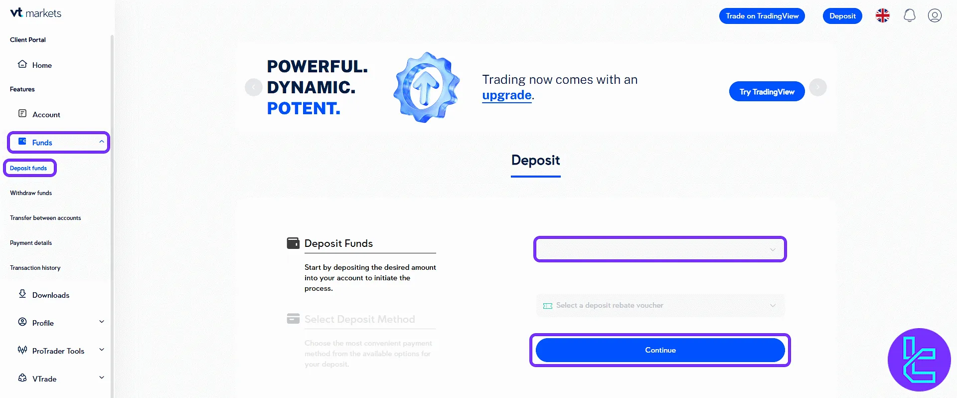 VT Markets deposit gateway and form selection