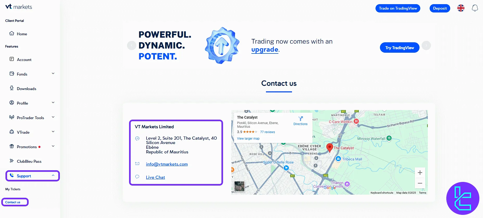 VT Markets support contact details and location map in the panel