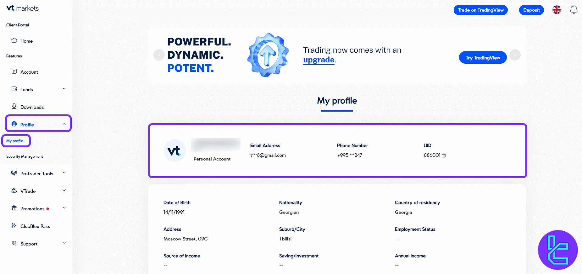 VT Markets user profile details and personal info in the cabin