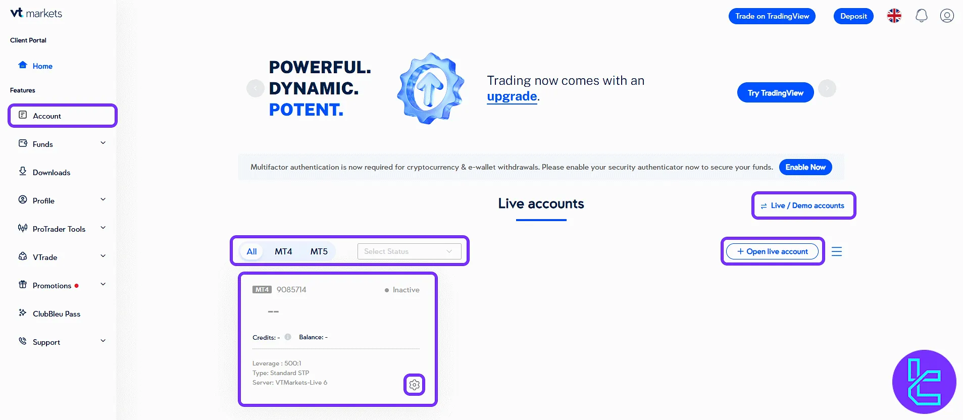 VT Markets trading cabin live and demo account controls