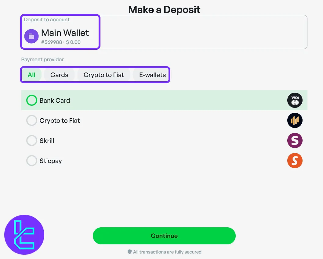 Amega deposit panel and payment category filters
