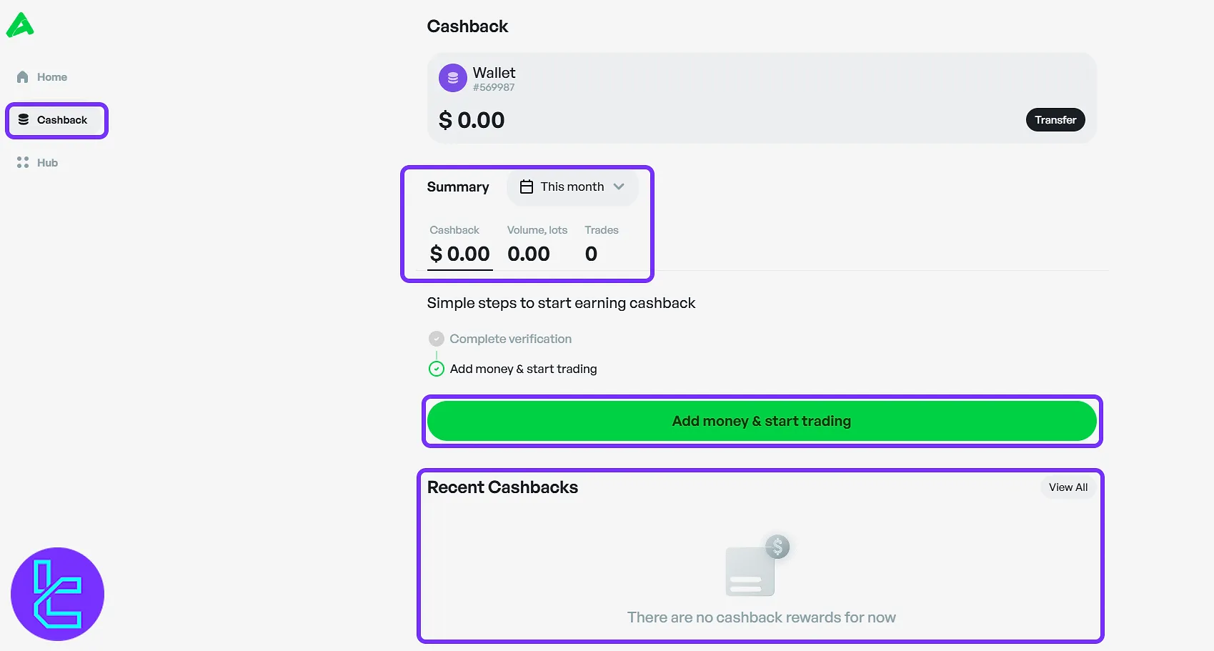 Amega cashback rewards tracking panel