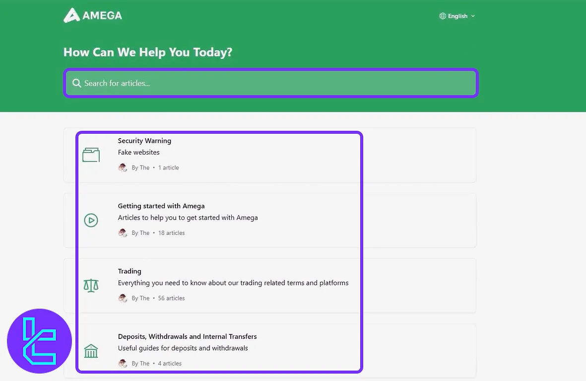 Amega knowledge base and help categories via the cabin