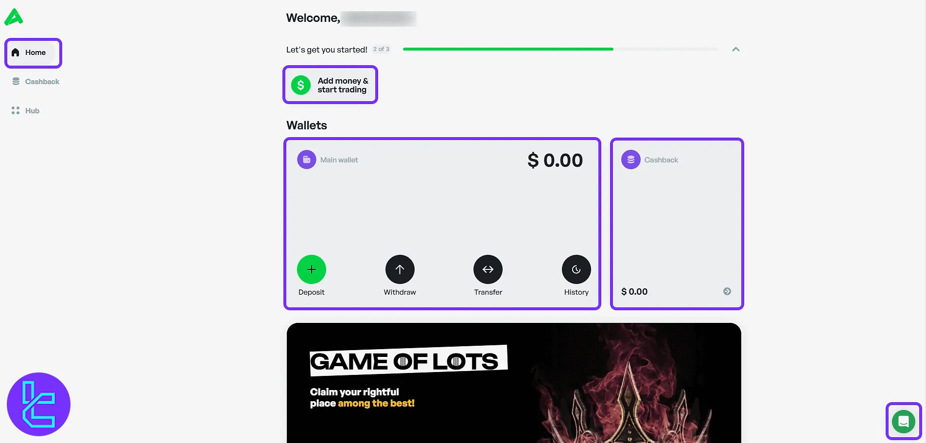 Amega wallet section and quick action buttons in the panel