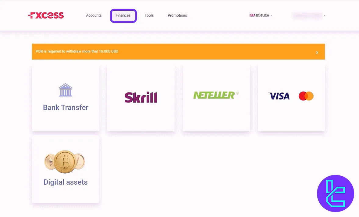 FXCess withdrawal panel options and POA alert