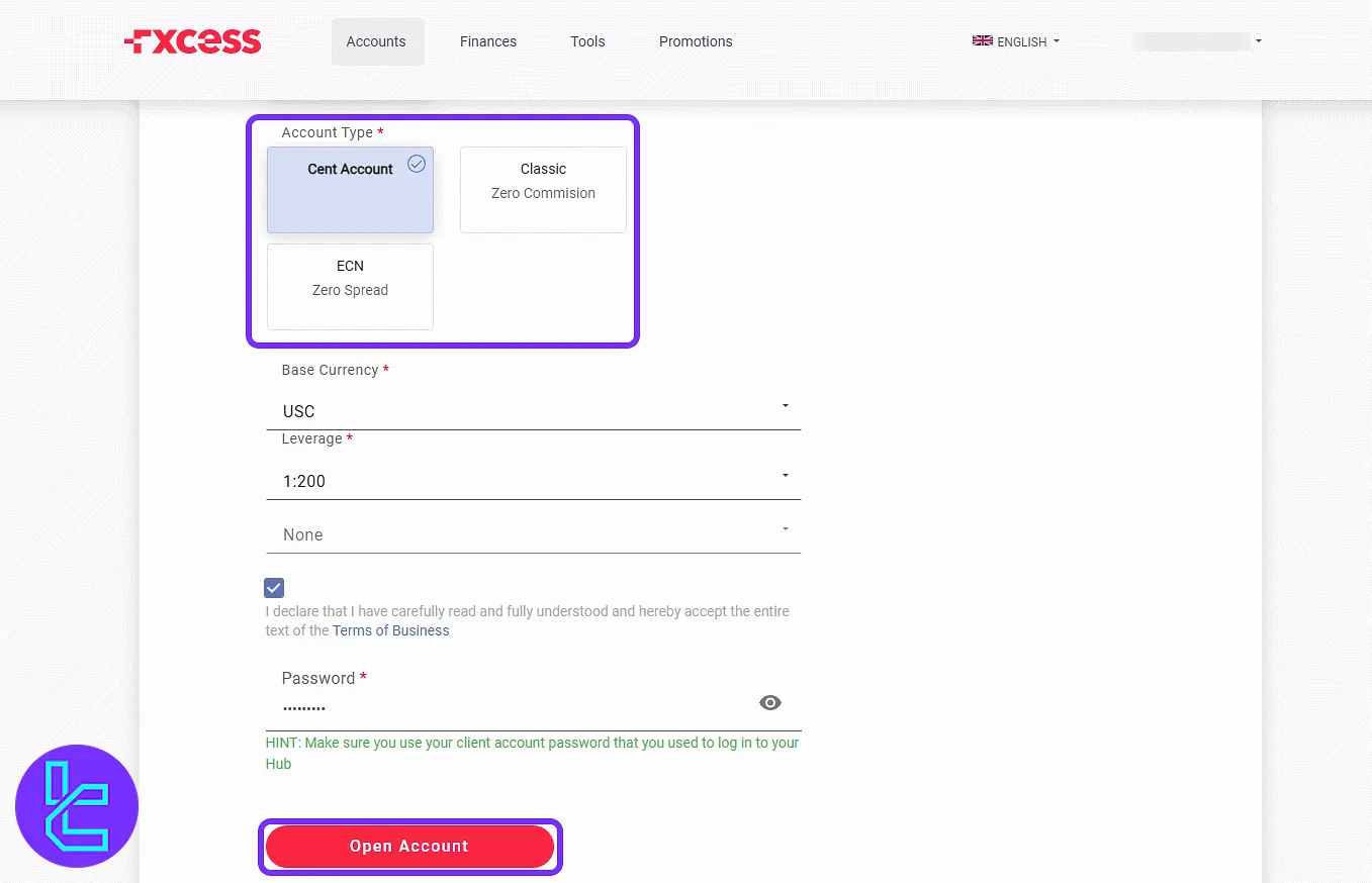FXCess new account creation form with leverage options in the client portal