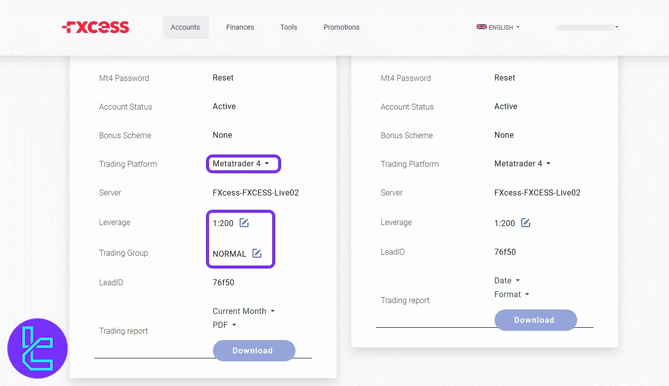FXCess trading account leverage and platform download via the dashboard