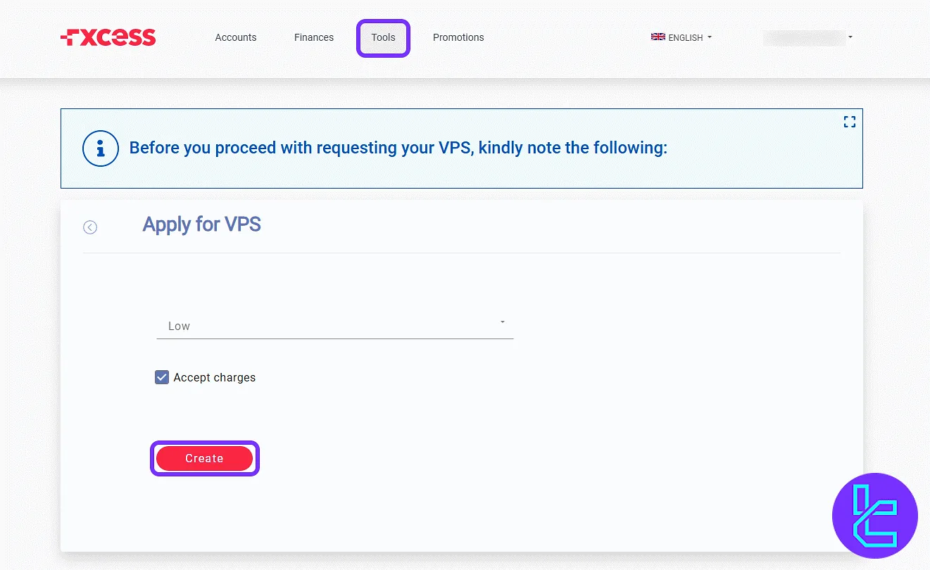 FXCess VPS request form and hosting tool panel