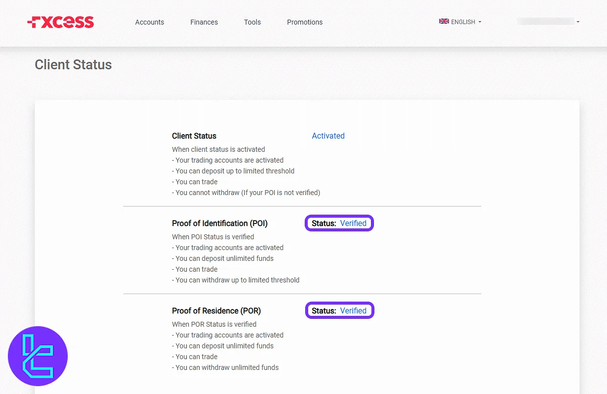 FXCess profile verification and client status overview in the user panel
