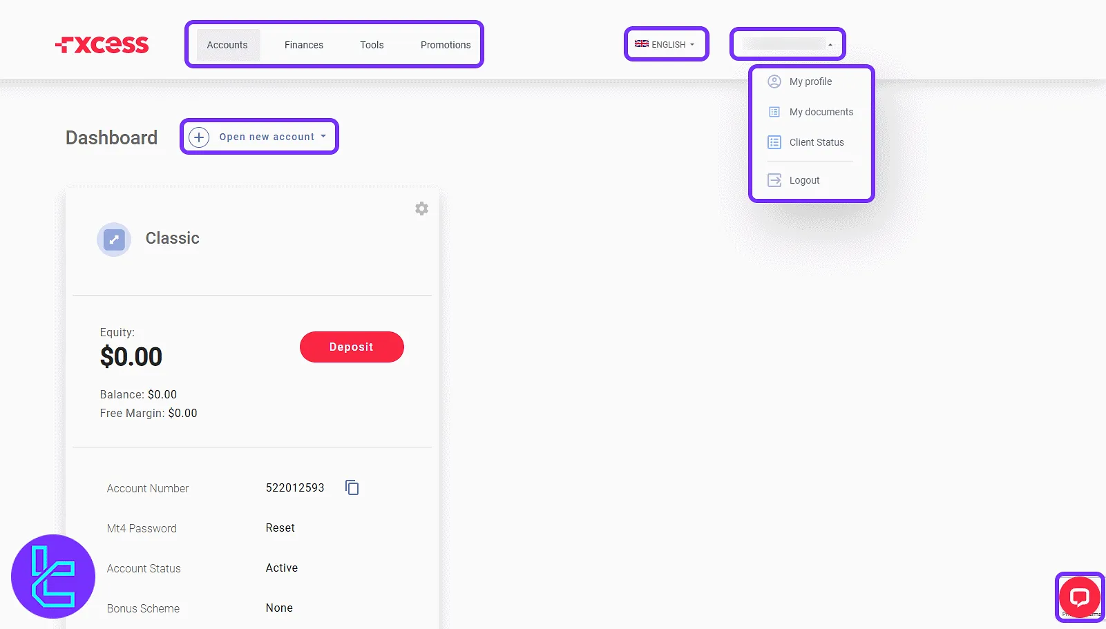 FXCess user panel navigation with profile and language tools