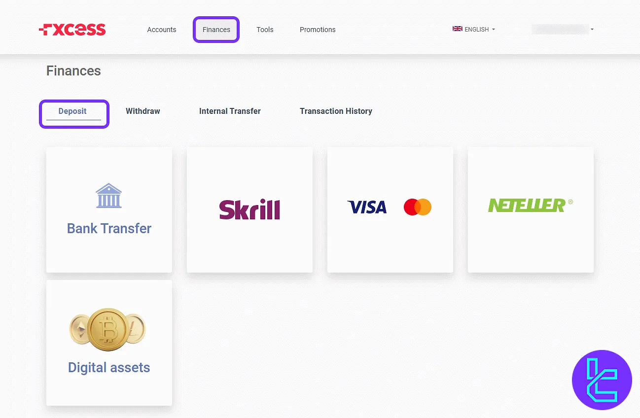 FXCess deposit payment options in the finance panel