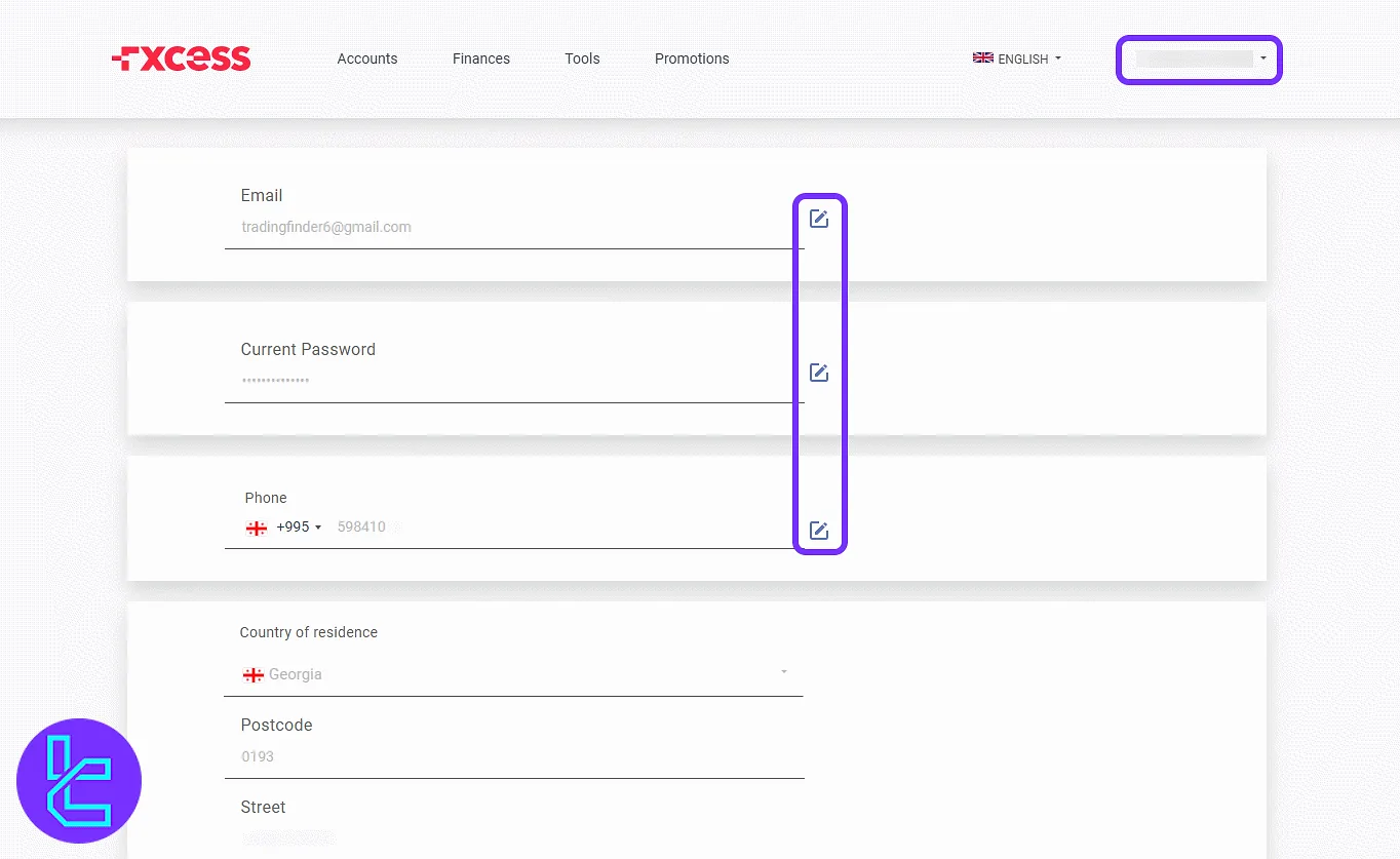 FXCess profile management form and editable settings