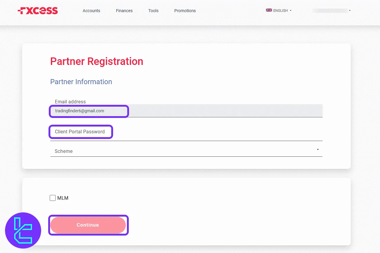 FXCess partner form and affiliate setup interface