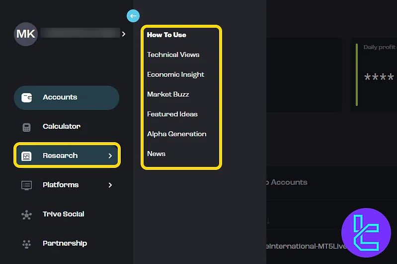 Trive "Research" panel with analysis features