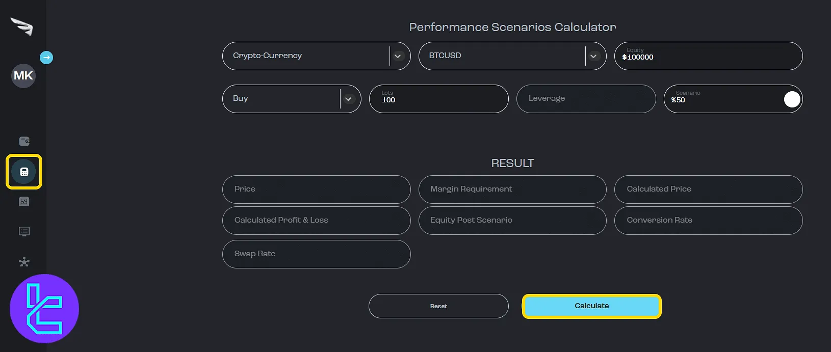 Trive trading calculator and equity setup tool in the user panel