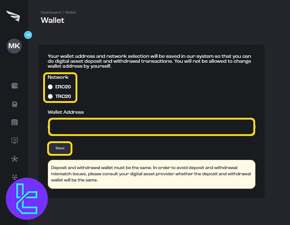 Trive crypto wallet selection and save form in the user panel