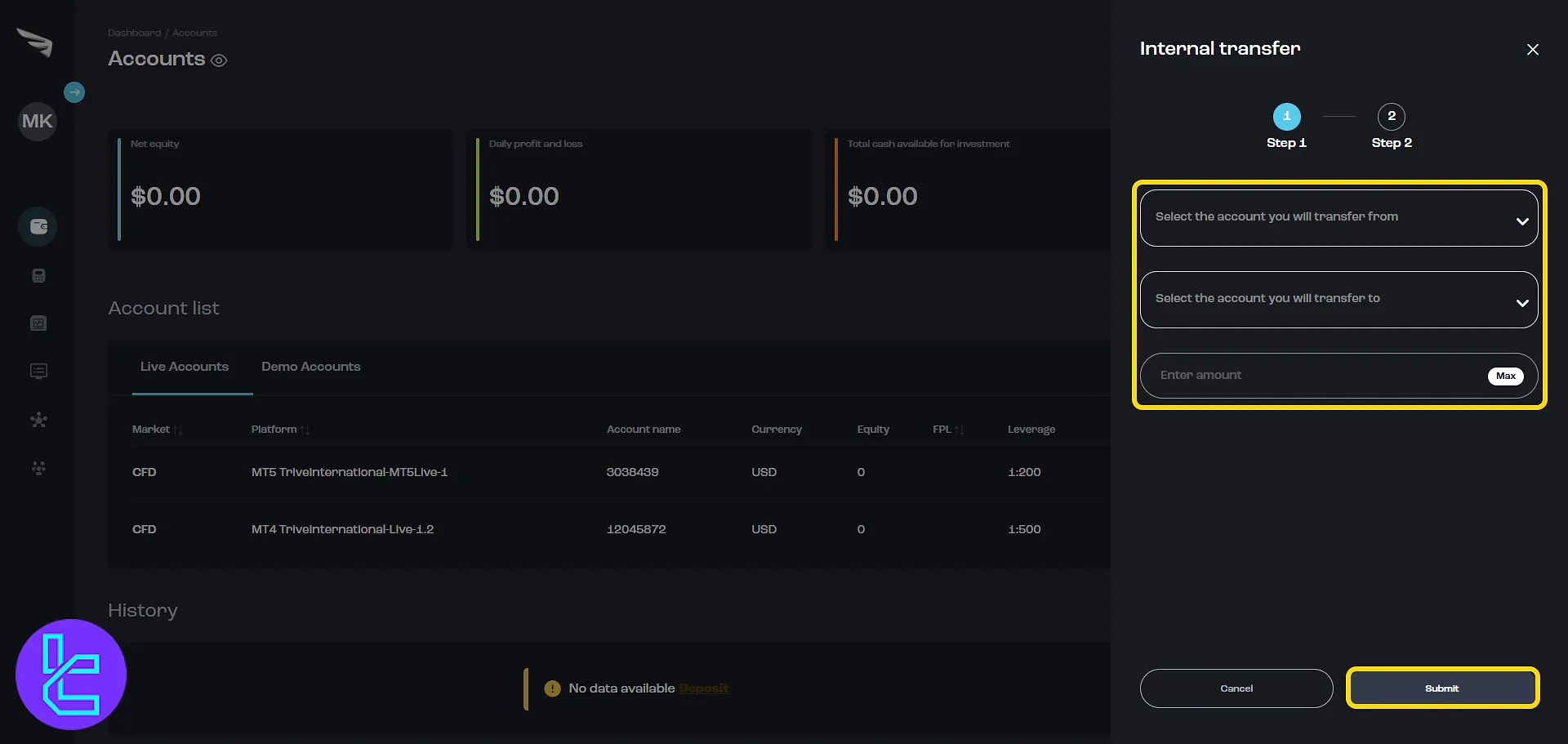 Trive internal transfer fields and account selectors via the panel
