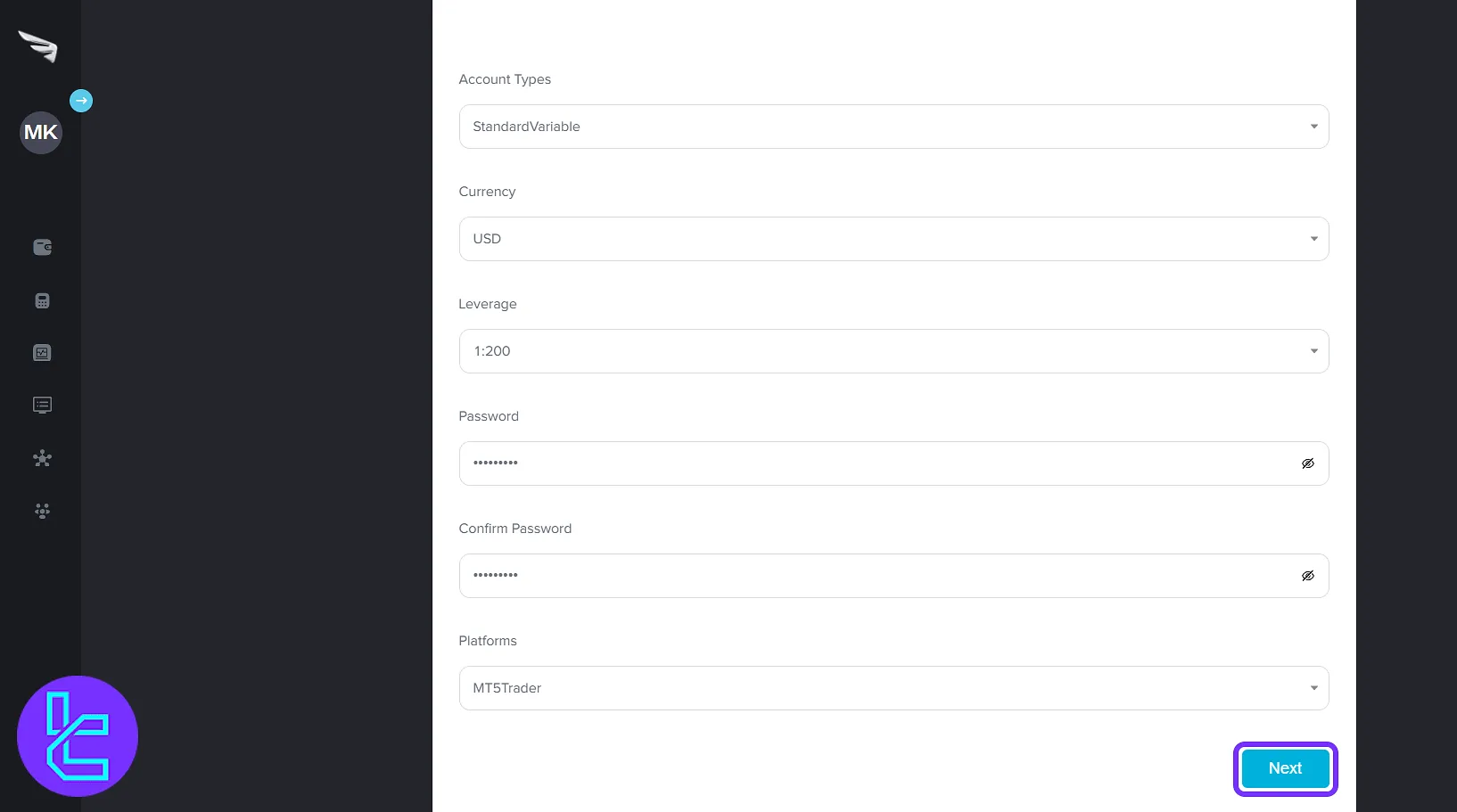 Trive new account registration form fields in the trading cabin