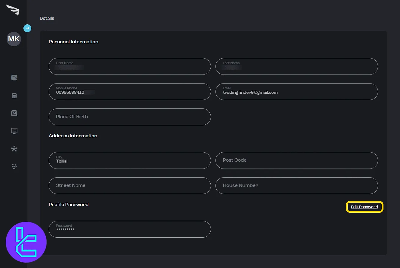 Trive "Profile" section with personal info and password editor in the panel