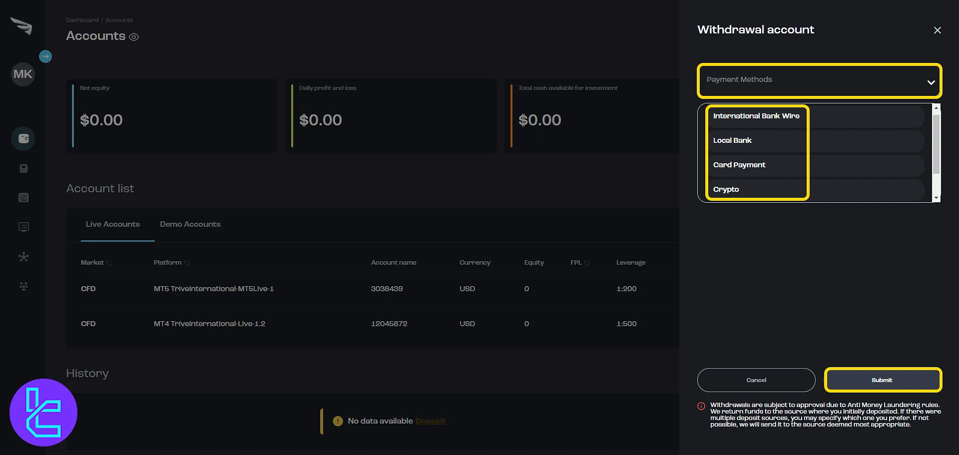 Trive withdrawal panel with payment options