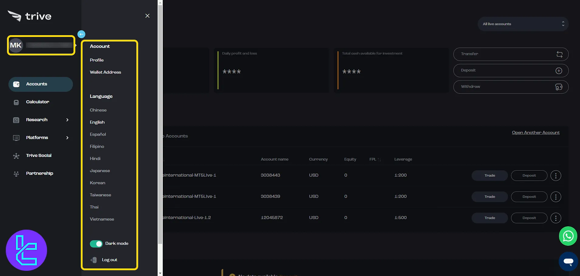 Trive profile panel with user customization settings
