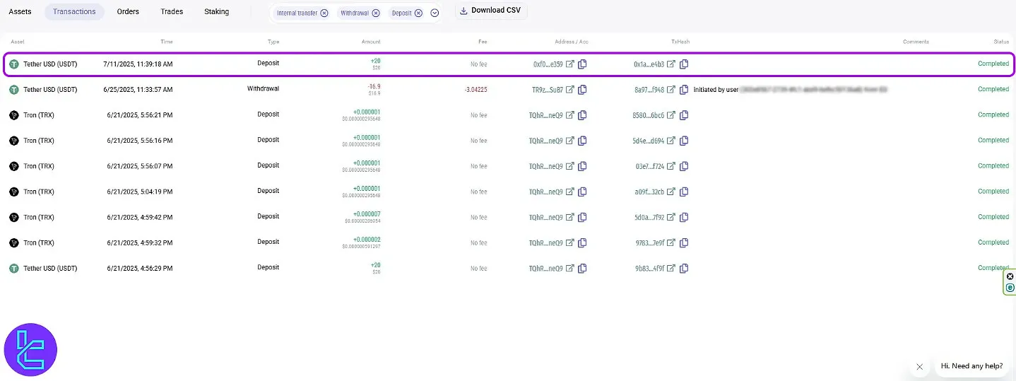 LATOKEN transactions tab