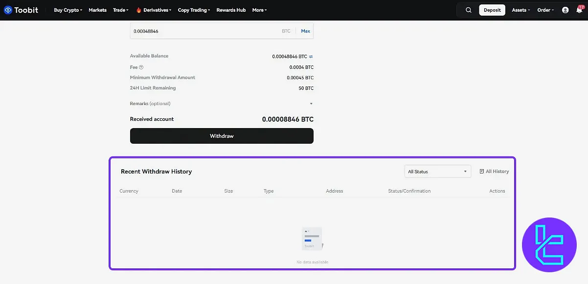 Toobit recent withdraw history
