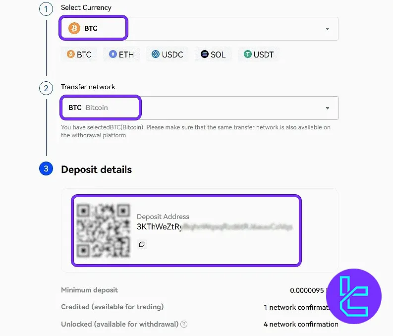 Toobit BTC deposit page