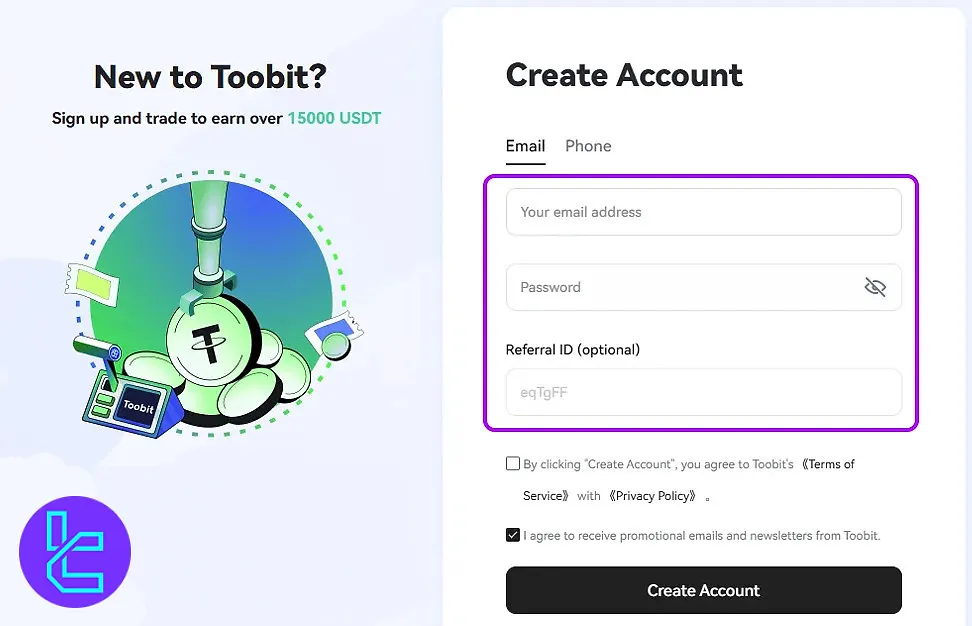 Toobit account creation form