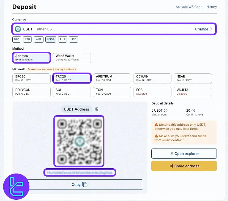 WhiteBIT TRC20 wallet address