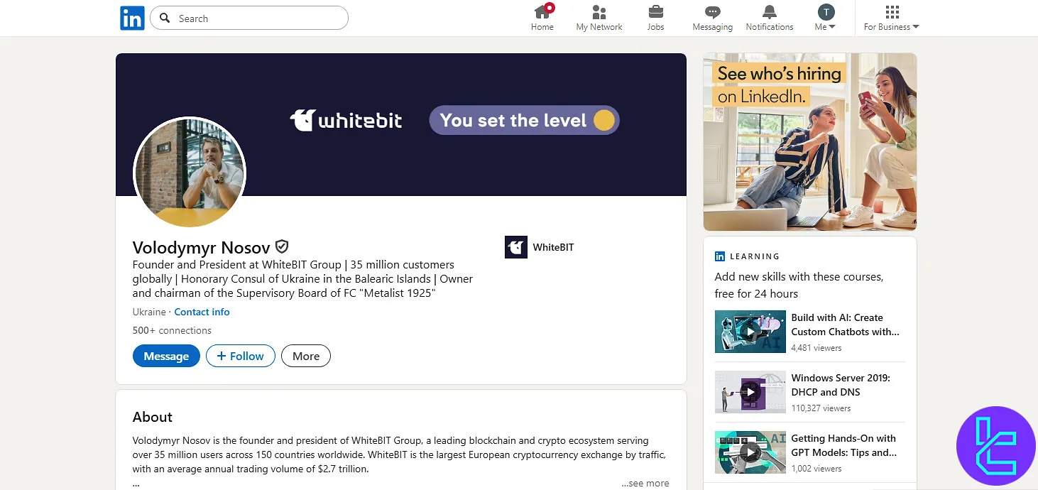 WhiteBIT founder’s LinkedIn page