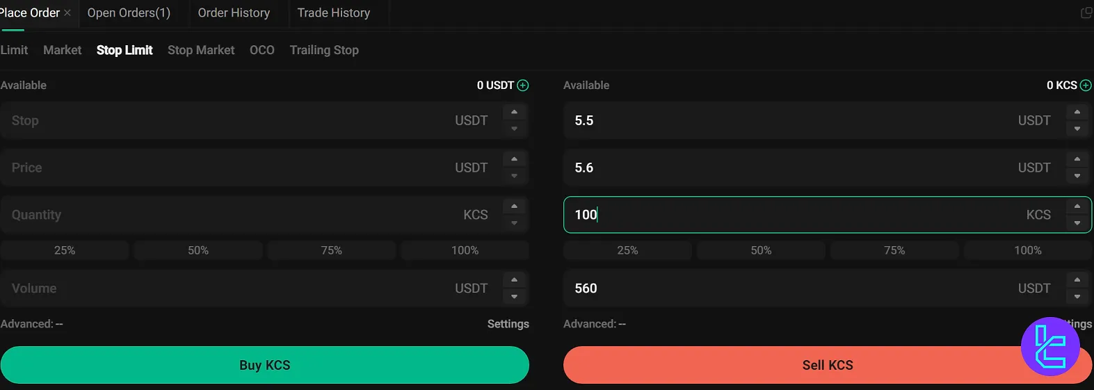 KuCoin stop limit