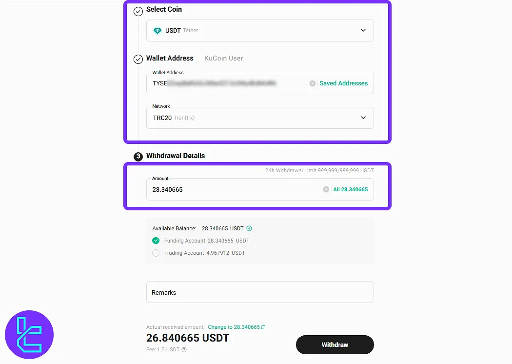 KuCoin withdrawal form